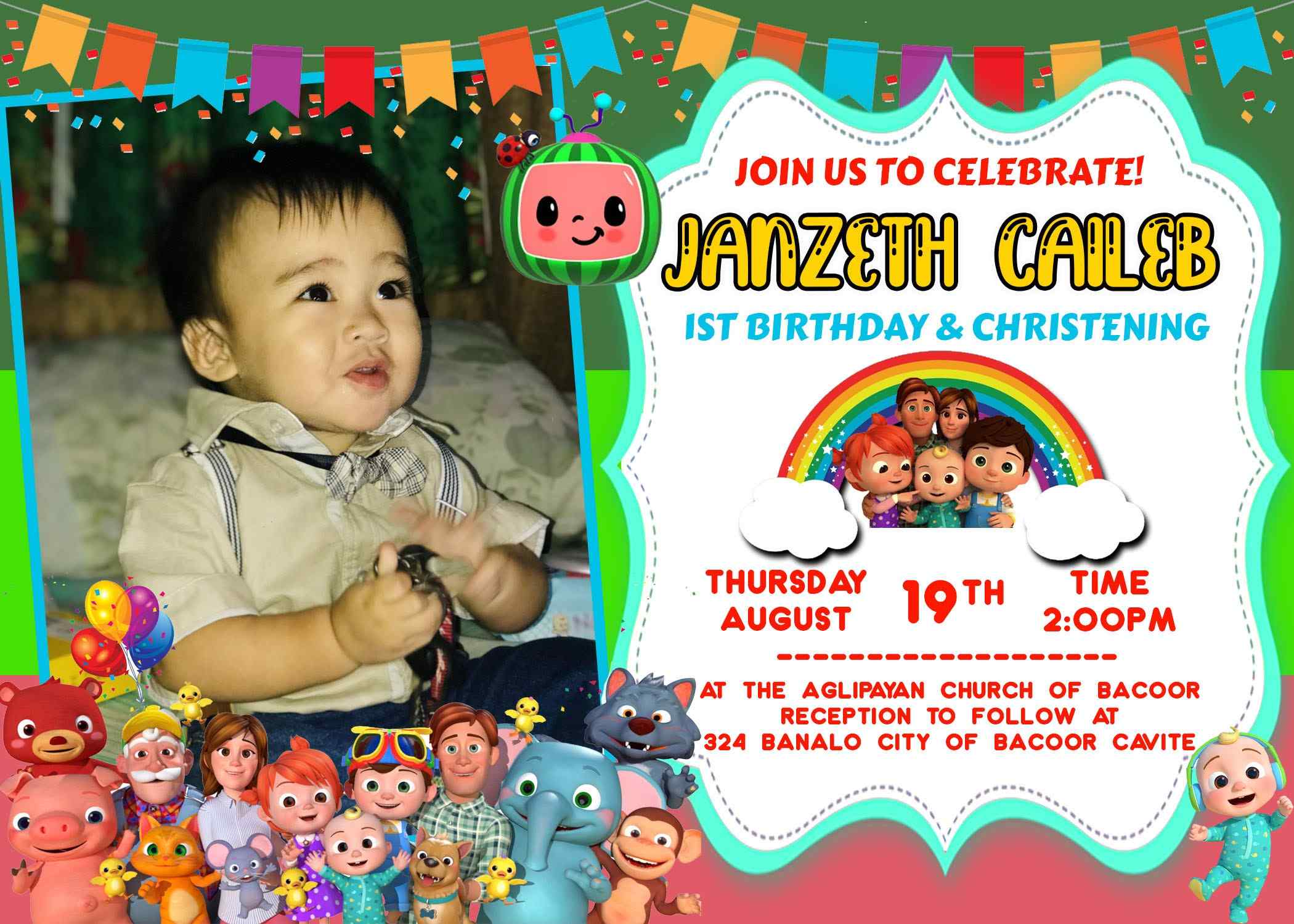 Cocomelon Invitation Card for Birthday and Christening