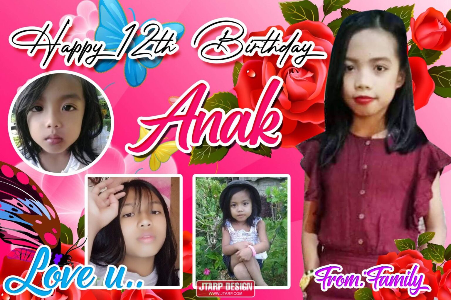 2x3 Happy 12th Birthday Anak Flower and Butterfly Design 1