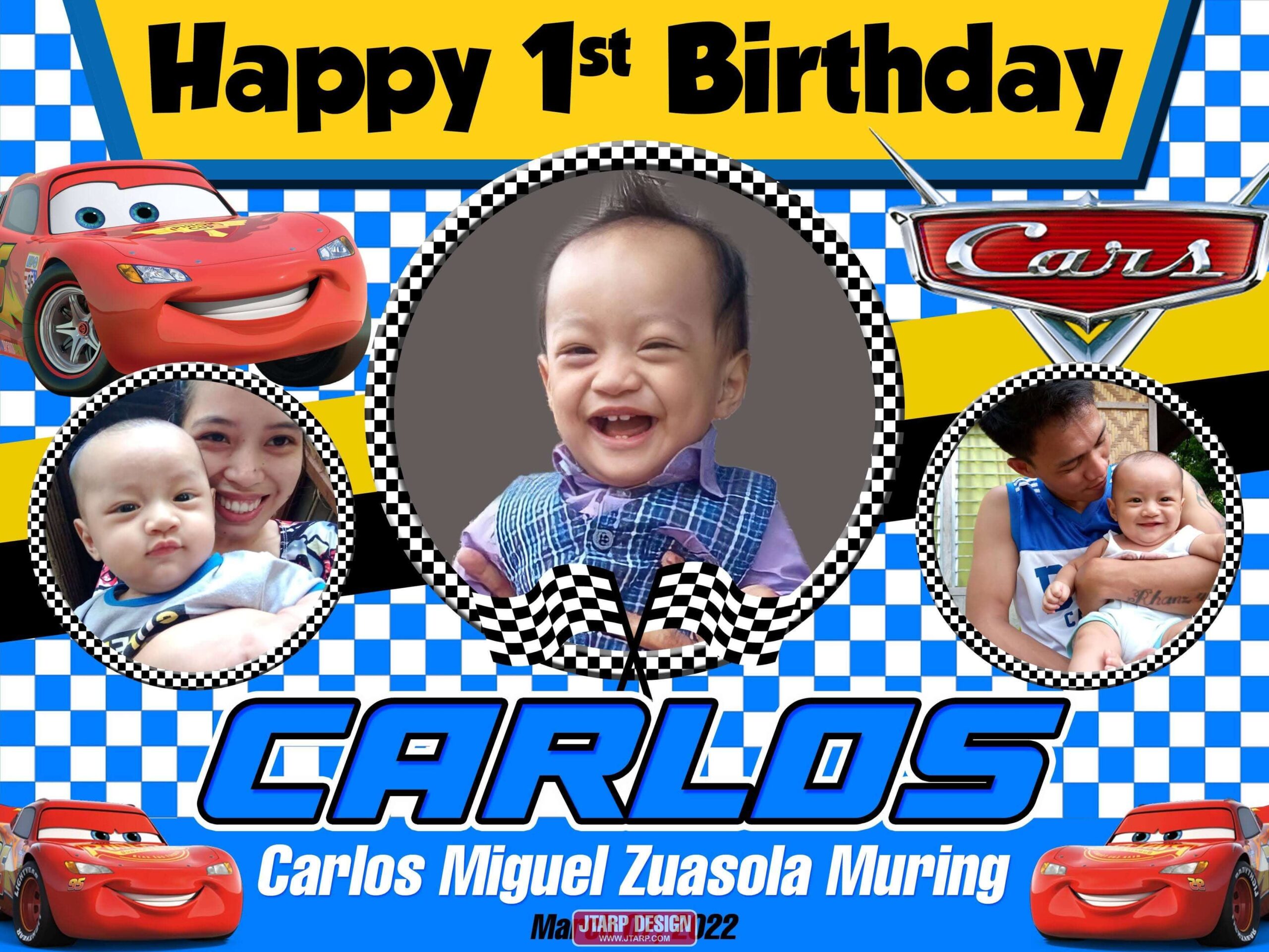 3x4 Happy 1st Birthday CARLOS Light Blue Cars McQueen