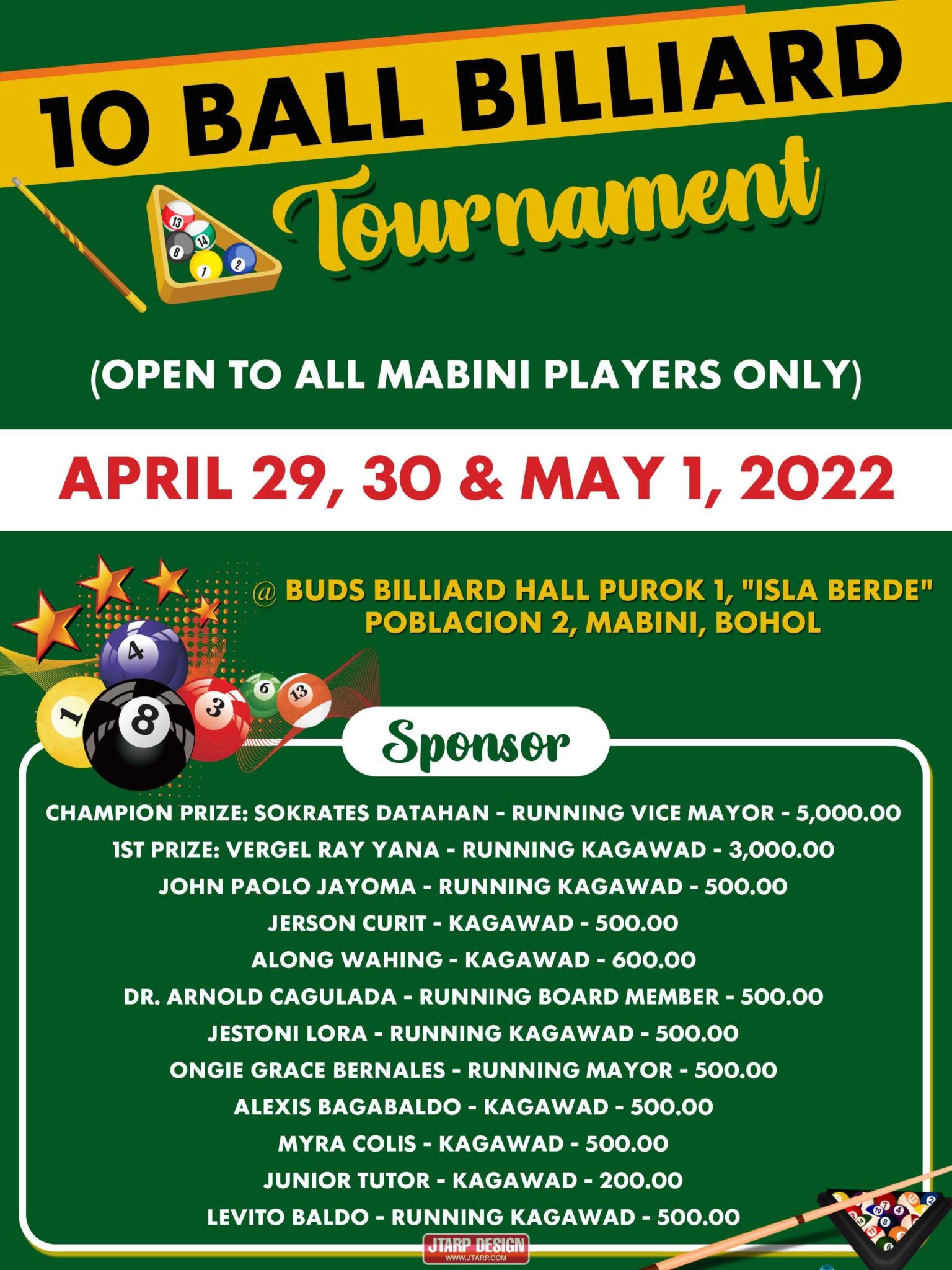10 Ball Billiard Tournament Event Tarp Design