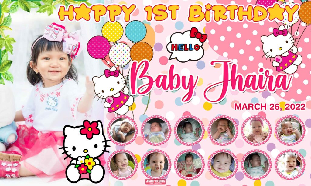 5x3 Happy 1st Birthday Baby Jhaira Hello Kitty Theme Tarpaulin Design