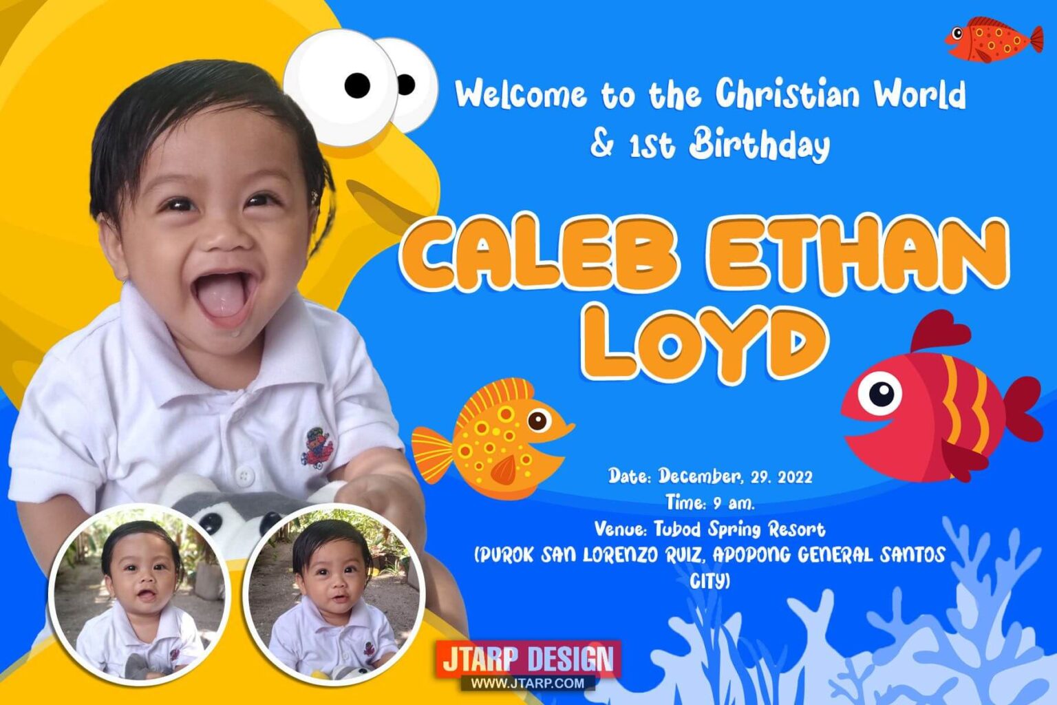 4R Invitation Front Welcome to the CHristian World 1st Birthday Caleb Ethan Loyd