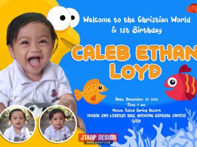 4R Invitation Front Welcome to the CHristian World 1st Birthday Caleb Ethan Loyd