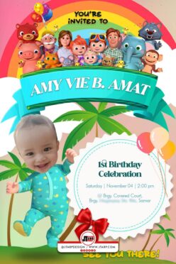 Happy First Birthday Amy Vie Cocomelon Invitation Design