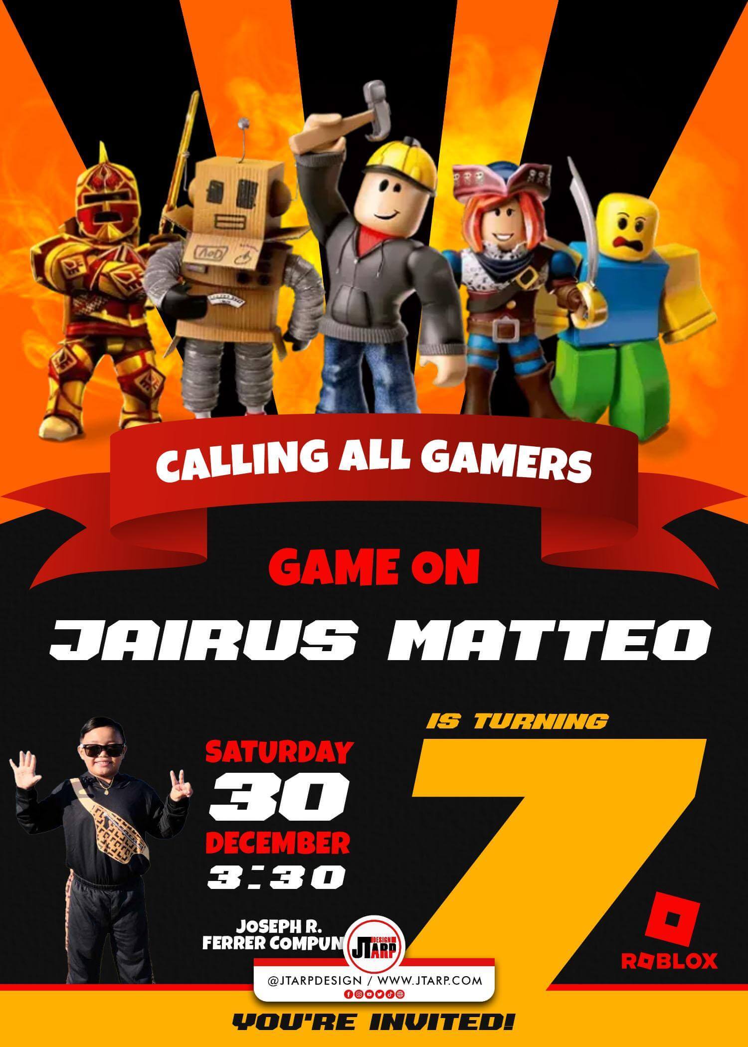 7x5 Jairus Matteo is Turning 7 Roblox Theme Invitation Design Front