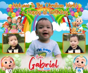 Welcome to the Christian World and Happy 1st Birthday Gabriel Cocomelon Design copy