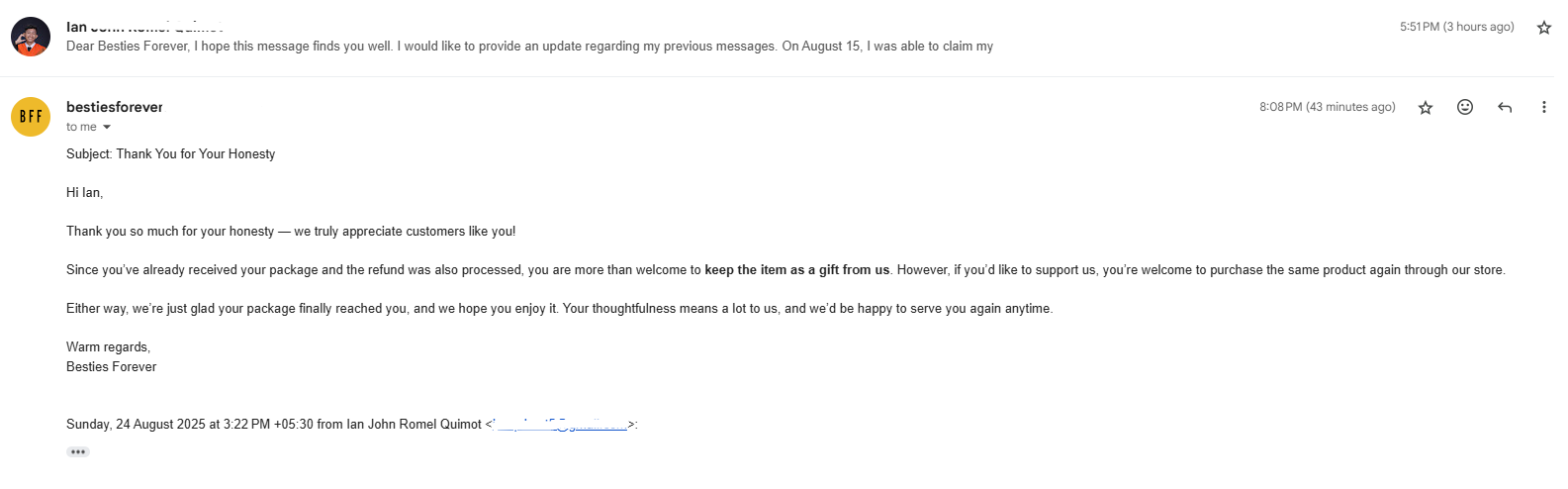 Email from Besties Forever