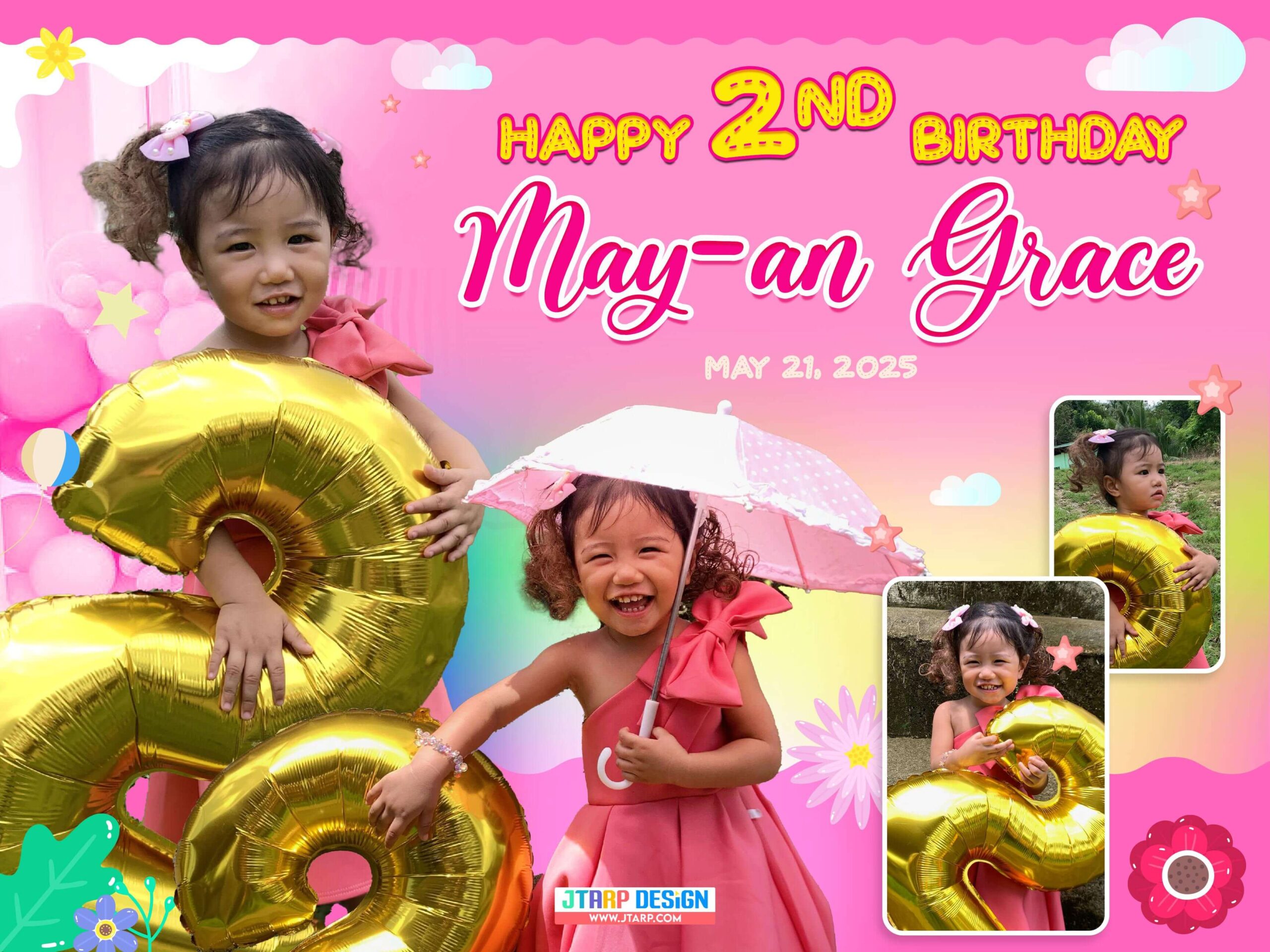 3x4 Happy 2nd Birthday May an Grace Flower and Pink Minimal Design